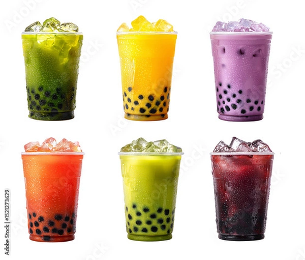 Fototapeta Set of colorful gradient bubble tea drinks with ice and tapioca pearls.