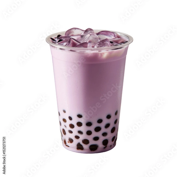 Fototapeta Minimal purple bubble tea with black pearls and ice in a clear plastic cup over white background.