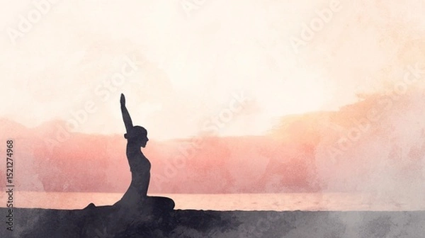 Fototapeta Early morning yoga silhouette by the sea, with soft gradient sky, minimalist composition, watercolor effect, white space emphasis.