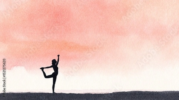 Fototapeta Early morning yoga silhouette by the sea, with soft gradient sky, minimalist composition, watercolor effect, white space emphasis.