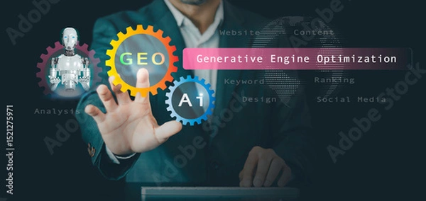 Obraz Keywords: GEO generative engine optimization, Businessmen use agentic Ai, icons on websites to rank search engines with assistants Artificial Intelligence data technology from the internet network