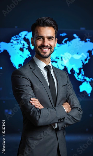 Fototapeta A Latinx male business leader in a sharp grey suit, his arms crossed in front of a digital world map