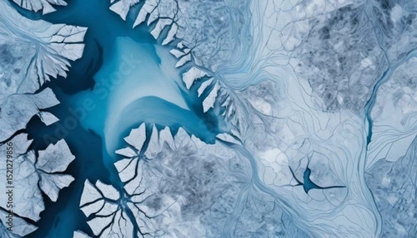 Obraz Aerial View of Ice and Water Formations in a Glacial Landscape with Stunning Blue Tones and Intricate Patterns