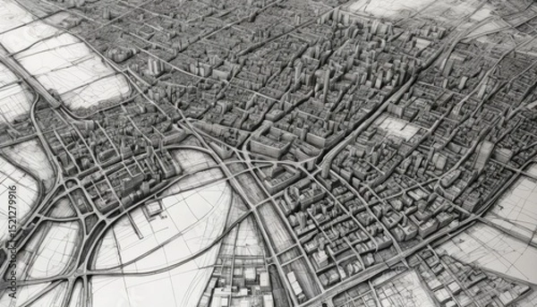 Obraz Detailed Aerial View of Urban City Landscape Featuring Roads, Buildings, and Green Spaces in Monochrome Sketch Style