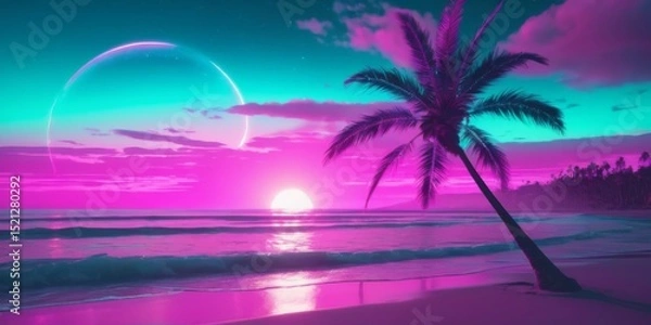 Obraz Tropical Beach Sunset with Palm Tree and Surreal Cosmic Elements in Vibrant Pink and Blue-Filled Sky Over Ocean Waves