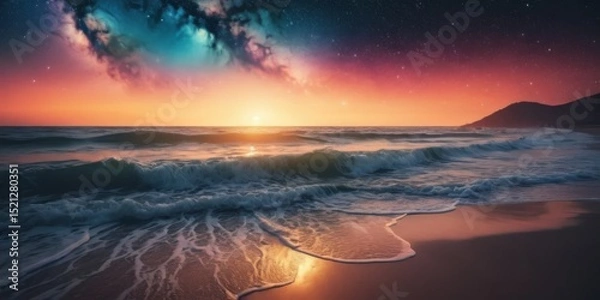 Obraz Serene Sunset Over Ocean Waves Under Starry Sky with Nebula and Beach Shoreline Capturing Tranquil Beauty of Nature
