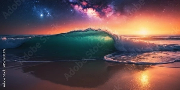 Obraz Serene Ocean Wave Cresting Under Galactic Sky at Dusk with Vibrant Sunset and Sparkling Stars Above