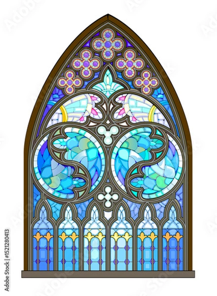 Fototapeta Drawing of beautiful fantasy stained glass gothic window. Gothic architecture in Western Europe. French culture in Middle ages. Architecture in France churches. Hand drawn vector illustration.