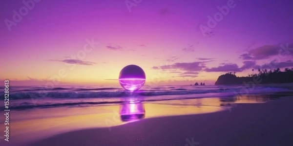 Obraz Enigmatic Purple Orb at Sunset over Serene Beach with Gentle Waves and Vibrant Cloud Reflections
