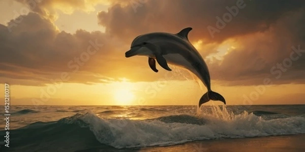 Obraz Dolphin Leaping Above Waves During Sunset Over Ocean Horizon with Dramatic Sky and Warm Colors Showcasing Nature's Beauty