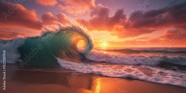 Obraz Majestic Ocean Wave Crashing at Sunset with Vibrant Colors and Dramatic Clouds Reflecting on Water Surface