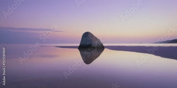 Obraz Serene Sunset Reflection Over Calm Water with a Large Rock Formation and Soft Pastel Colors in the Sky