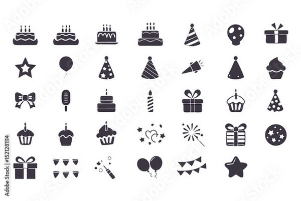 Obraz Birthday and Celebration Icon Set. Black Silhouette Grid of Cakes, Gifts, Balloons, Fireworks, Hats, Candles, and More for Party Designs. Vector Illustration