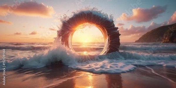 Obraz Majestic Sunset Through Unique Circular Arch in Ocean Waves at Serene Beach Landscape