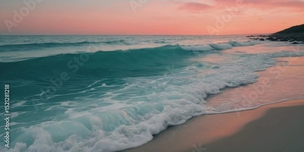 Obraz Tranquil seashore at sunset with gentle waves lapping against sandy beach under a pastel sky in serene coastal landscape