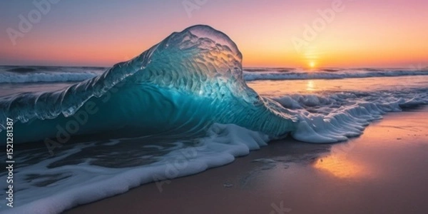 Obraz Stunning Ocean Wave Against Sunset Horizon with Colorful Sky and Gentle Sand Shoreline in Perfect Beach Environment