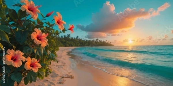 Obraz Serene Beach Sunset with Hibiscus Flowers, Tranquil Waves and Lush Tropical Landscape at Dawn