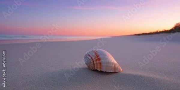 Obraz Serene Beach Scene at Sunset with a Beautiful Shell Laying on Soft Sandy Shoreline Under Colorful Sky