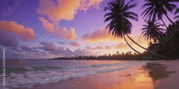 Obraz Serene Twilight at Tropical Beach with Palm Trees and Colorful Sunset Reflections Over Calm Ocean Waves and Sandy Shoreline