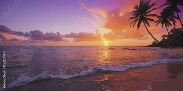 Obraz Serene Sunset Over Tropical Beach with Waves and Palm Trees Backlit by Vibrant Sky in Pastel Colors