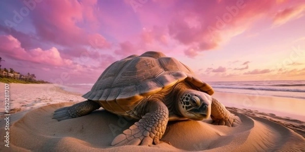 Obraz Majestic Sea Turtle Nesting on Sandy Beach Under Vibrant Pink and Orange Sky at Sunset