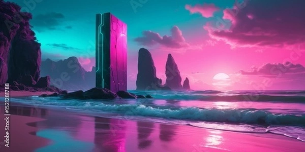 Obraz Surreal Landscape with Neon Monolith and Vibrant Sunset Over Calm Water with Rocky Outcrops and Dramatic Cloud Formation