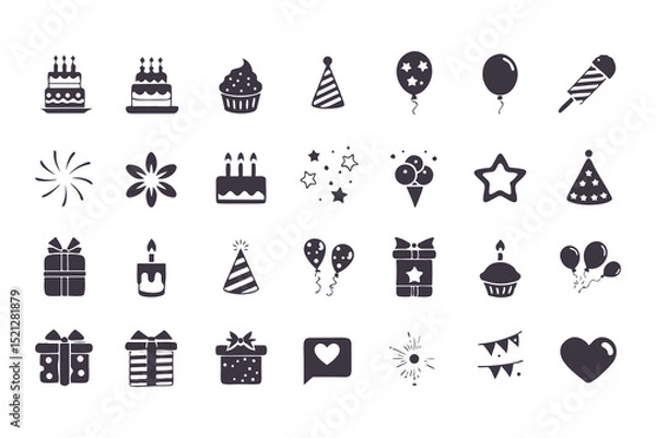 Obraz Birthday and Celebration Icon Set. Black Silhouette Grid of Cakes, Gifts, Balloons, Fireworks, Hats, Candles, and More for Party Designs. Vector Illustration