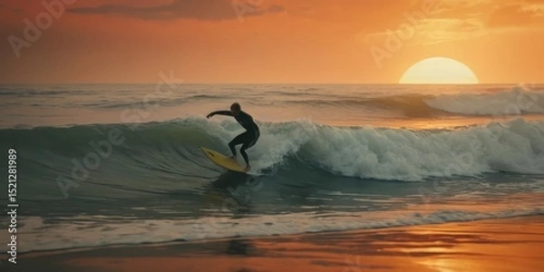 Obraz Surfer Riding Wave at Sunset with Vibrant Colors and Calm Ocean Setting