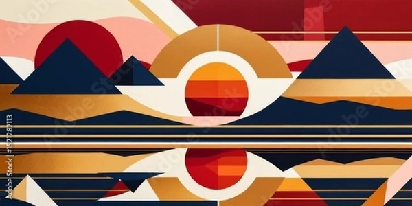 Obraz Abstract geometric landscape with vibrant colors and modern shapes depicting mountains, sun, and reflection on water surface