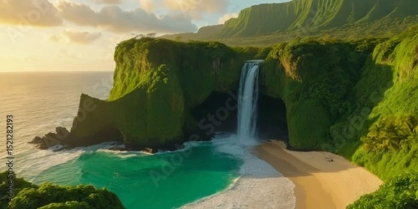 Obraz Majestic Tropical Waterfall Cascading into a Serene Beach Surrounded by Lush Green Mountains and Vibrant Ocean Waves