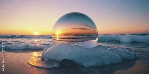 Obraz Crystal Sphere on Beach at Sunset Capturing Vibrant Sky and Ocean Reflection with Gentle Waves and Soft Light