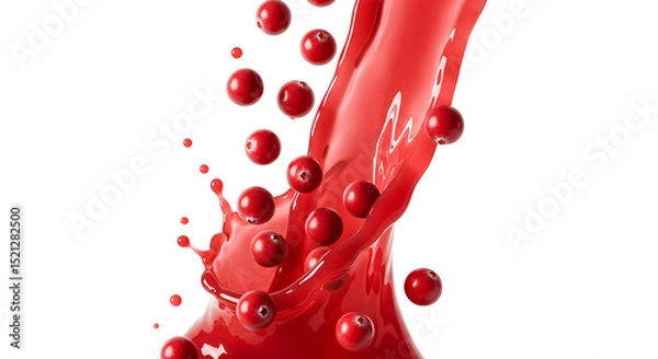 Fototapeta cranberries falling down with cranberry juice PNG. Fresh and organic cranberry juice with cranberry fruit flying isolated. Vegan vegetarian cranberries flying png. cranberry fruit isolated