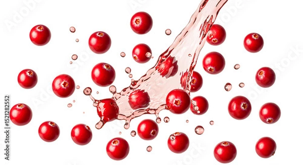 Fototapeta cranberries falling down with cranberry juice PNG. Fresh and organic cranberry juice with cranberry fruit flying isolated. Vegan vegetarian cranberries flying png. cranberry fruit isolated