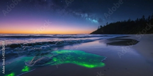 Obraz Mesmerizing Coastal Scene with Glowing Bioluminescence Under Starry Sky at Twilight on Serene Beach