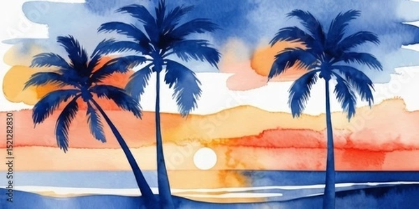 Obraz Serene Sunset Over Tranquil Ocean with Silhouette of Palm Trees in Vibrant Watercolor Style