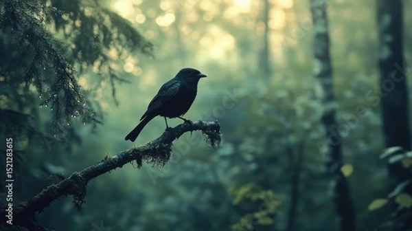 Fototapeta A bird sits on a branch in the forest. Generative Ai