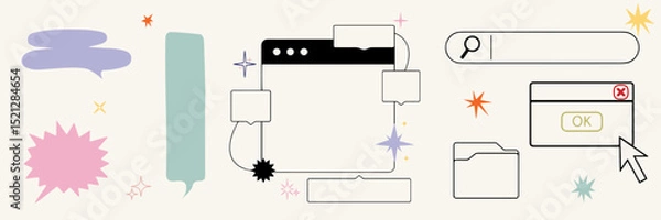 Fototapeta Retro UI Vector Elements – Hand Drawn Interface Icons with Speech Bubbles, Folders, Popups, Cursor and Stars