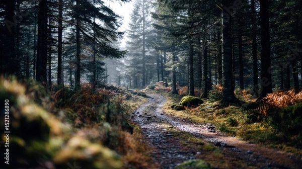 Fototapeta woodland dirt path surface with hazy morning forest blurred