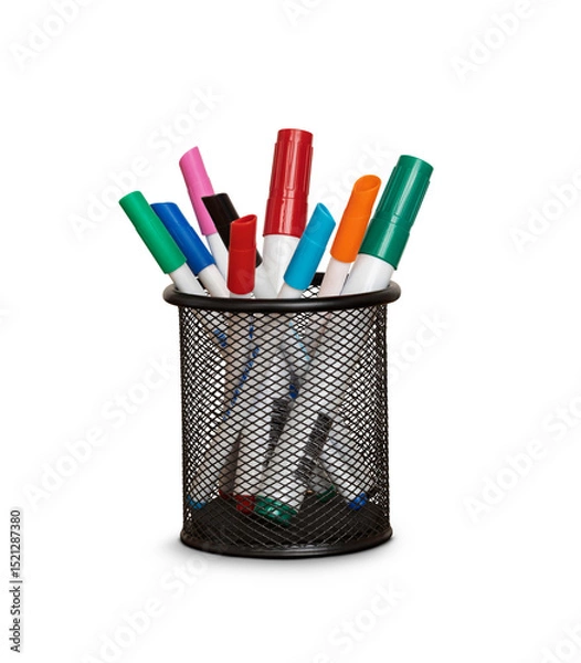 Obraz A metal basket pen holder, desk tidy, with coloured whiteboard marker pens isolated against a transparent background.