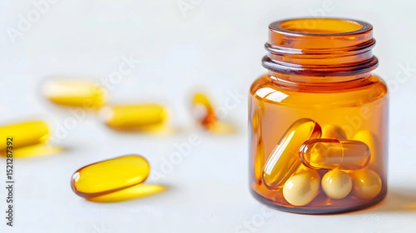 Obraz Amber Glass Bottle Filled With Yellow Capsules On Light Background
