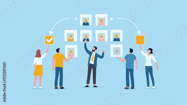 Fototapeta Team members selecting candidates for a project with a hierarchy chart on a light blue background