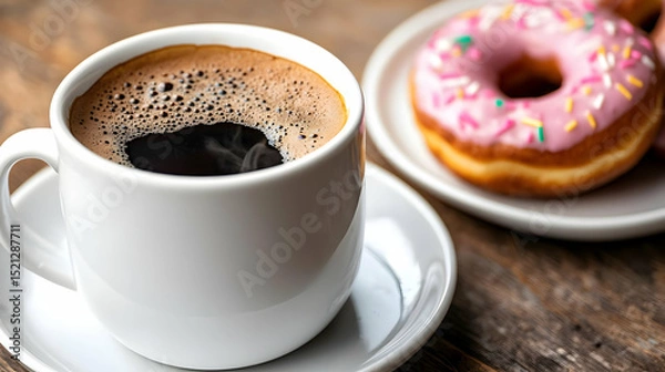 Obraz Cup Of Coffee And Donuts On Wooden Table