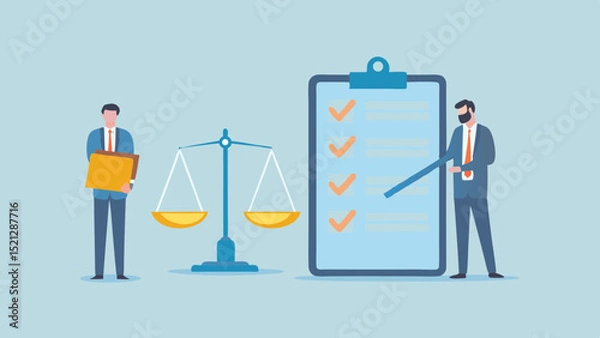 Fototapeta Two men with scales and checklist representing legal compliance and business ethics and justice issues