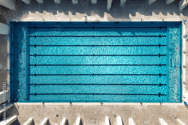 Obraz Aerial view of an empty Olympic-size swimming pool with clear blue water and black lane dividers, surrounded by tiled deck in bright daylight — ai generative.