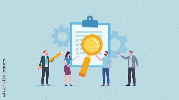 Fototapeta Illustration of people reviewing a clipboard with a magnifying glass and gears in the background