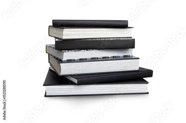 Obraz A front side eye level view of a pile of seven study books, textbooks, on a table isolated against a transparent background.