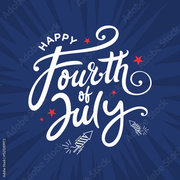 Fototapeta Happy Fourth of July Hand drawn Calligraphic Logo, 
Banner, Social Media Post for for United States 
Independence Day 4th of July Offers, Web banner, 
Vector Patriotic star burst rays