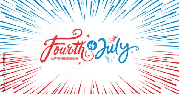 Fototapeta USA 4th of July Banner Vector Modern Patriotic 
starburst rays abstract background with 
Hand drawn logo lettering, text isolated on 
white background