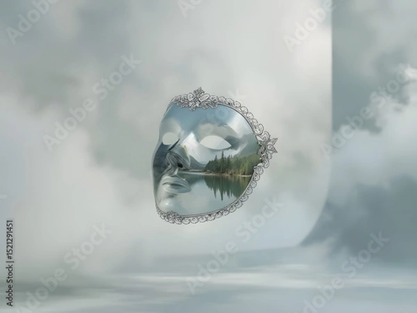 Fototapeta Masked Reflection: A serene visage blends seamlessly with a dreamy landscape reflected within a silver mask.