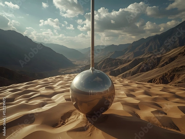 Fototapeta Sand Dune Sphere: An eye-catching, chrome sphere set against a backdrop of rolling sand dunes, imposing mountains, and a dramatic sky.  